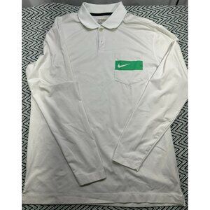 Nike Golf M White Long Sleeve Tour Performance Polo Green Swoosh Pocket Detail
